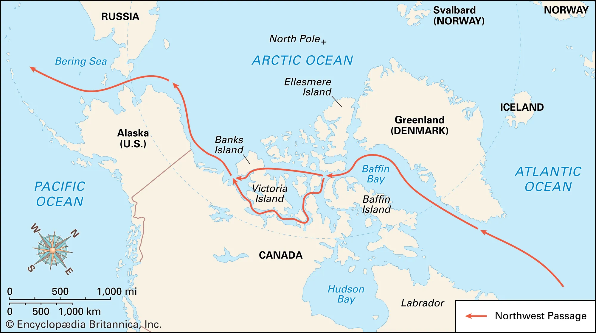 <ul><li><p>Until recently, sea ice made the Arctic Ocean impassable to shipping</p></li><li><p>In 2014 the first cargo ship, unescorted by an ice-breaking vessel, sailed through the <mark data-color="blue">North West Passage (NWP)</mark></p></li><li><p>Shipping companies could significantly reduce their shipping time and costs by travelling through the NWP</p></li><li><p>Using the Northern Sea Route (NSR), the distance between East Asia and Europe would be significantly reduced</p></li><li><p>The trip from Tokyo to the Netherlands would be reduced from <mark data-color="yellow">21,000 to 13,000 km</mark></p></li><li><p>However there is a high fuel cost of sailing through sea ice</p></li><li><p>Also have to pay for an ice breaker ship to escort the cargo ship</p></li><li><p><mark data-color="yellow">By 2025, 200-300 ships</mark> are projected to operate in the Arctic Ocean</p></li></ul>
