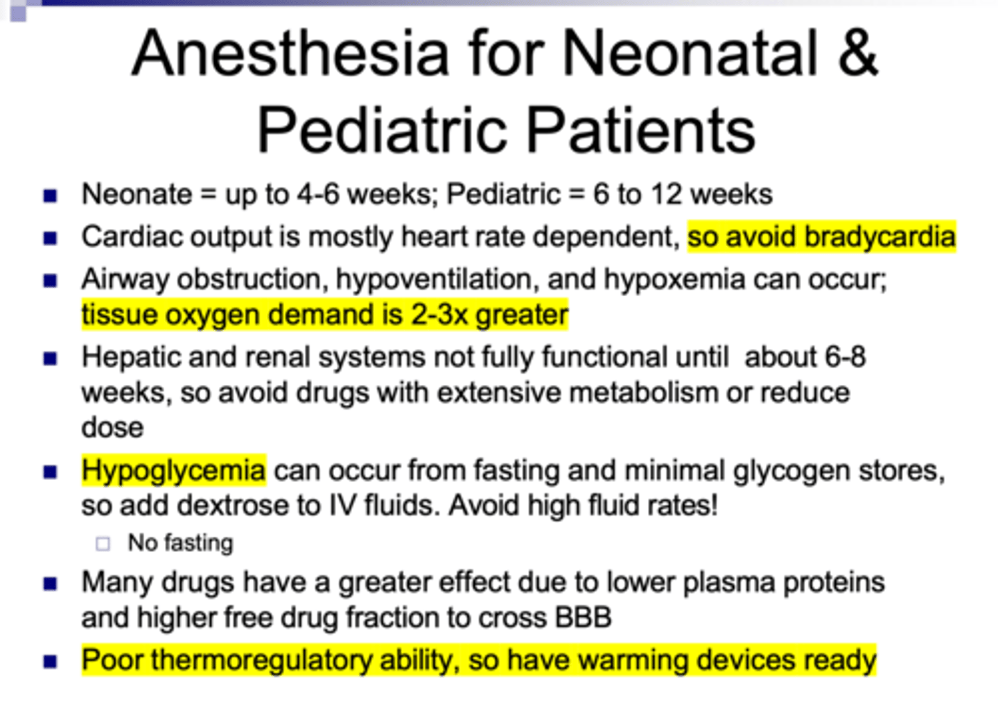 <p>important anesthetic points for neonates and pediatric patients</p>