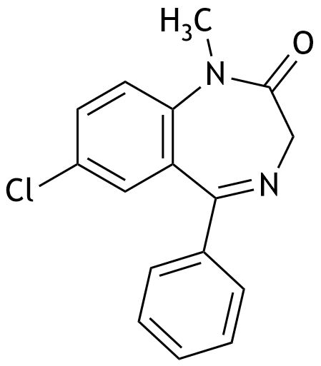 <p>41. The psychoactive drug diazepam, belonging to the group of benzodiazepines, has the following chemical structure: It is a:</p><p>A. Aldehyde</p><p>B. Amide</p><p>C. Amine</p><p>D. Enamine</p><p>E. Ketone</p>