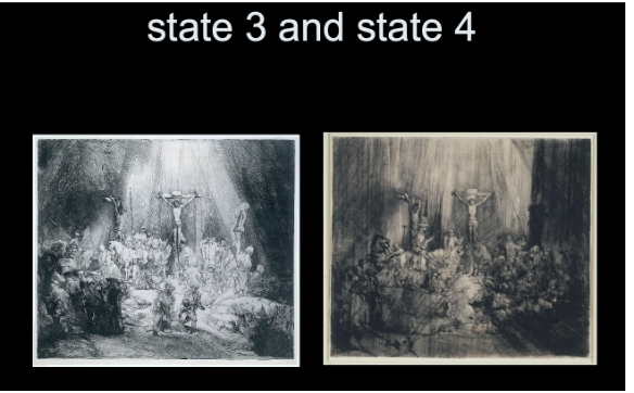 <ul><li><p><span style="background-color: transparent;"><strong><span>Rembrandt, The Three Trees, 1643</span></strong></span></p><ul><li><p><span style="background-color: transparent;"><span>Labor intensive when you first carve the plate for engraving</span></span></p></li><li><p><span style="background-color: transparent;"><span>Once the plate is engraved you can do hundreds of impressions which can become widely circulated</span></span></p></li></ul></li><li><p><span style="background-color: transparent;"><span>You can have different states of the same etching</span></span></p><ul><li><p><span style="background-color: transparent;"><span>Small differences- foreground figures gone, figure on right shadowed, etc.&nbsp;</span></span></p></li><li><p><span style="background-color: transparent;"><span>Collectors would try to collect all the different states of an engraving - another way for artists to make money</span></span></p></li></ul></li></ul><p></p>