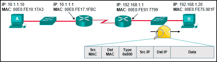 <p><strong>21. Refer to the exhibit. Host A has sent a packet to host B. What will be the source MAC and IP addresses on the packet when it arrives at host B?</strong></p>