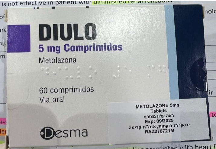 <p>Metolazone </p><p>Company: </p><p>Company: Desma </p><p>Doss: Tab5 mg</p>
