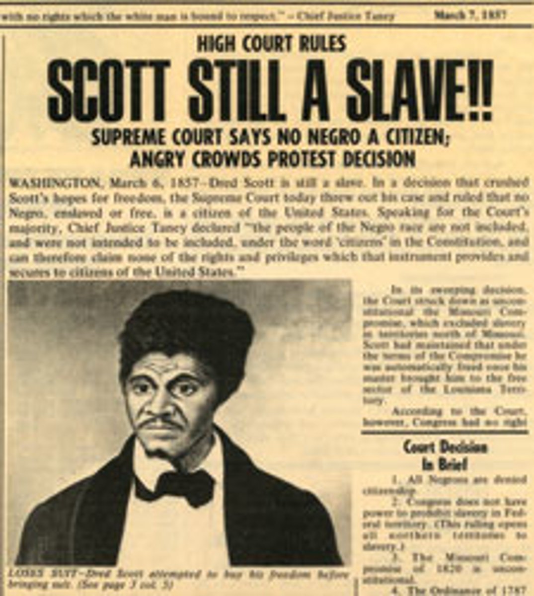 <p>1857 Supreme Court decision that stated that slaves were not citizens; that livig in a free state or territory, even for many years, did not free slaves; and declared the Missouri Compromise unconstitional</p>
