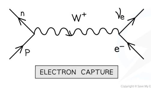 <p>when an atomic electron is absorbed by a proton on the nucleus. A neutron and electron neutrino are released. Mediated by the W+ boson. </p><p>p + e<sup>-</sup> = n + v<sub>e</sub></p>