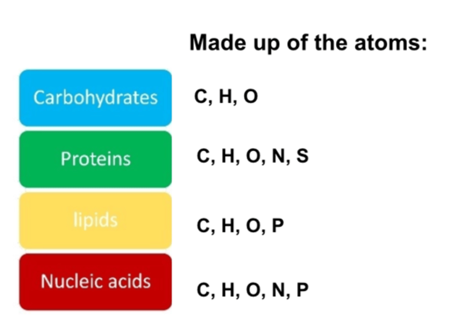 <p>Large molecules that make up living organisms that are found in the food we eat (carbohydrates, lipids, proteins, nucleic acids)</p>