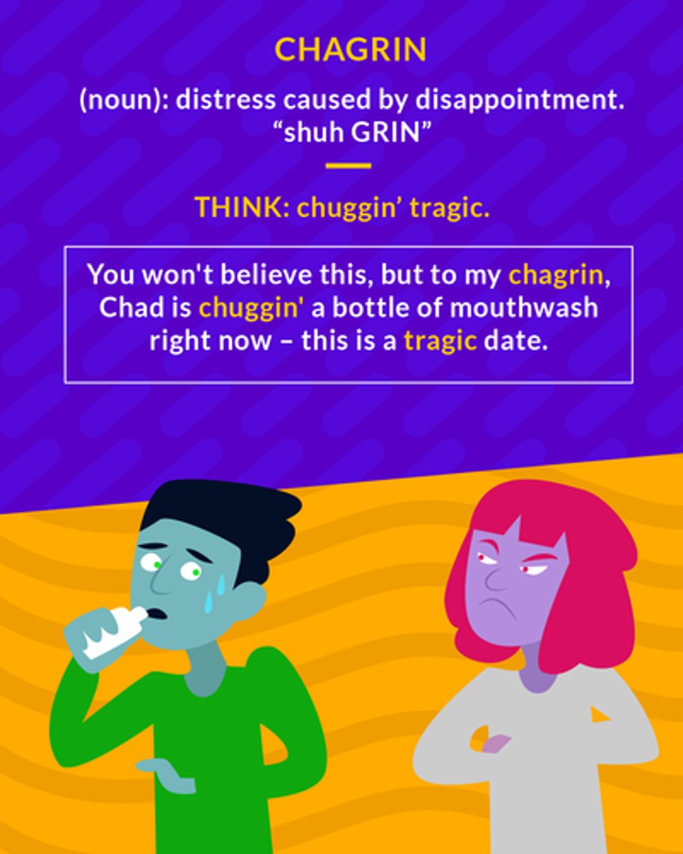 <p>(n.) irritation or humiliation caused by disappointment or frustration; (v.) to cause such a feeling</p><p>(noun) distress caused by disappointment</p>