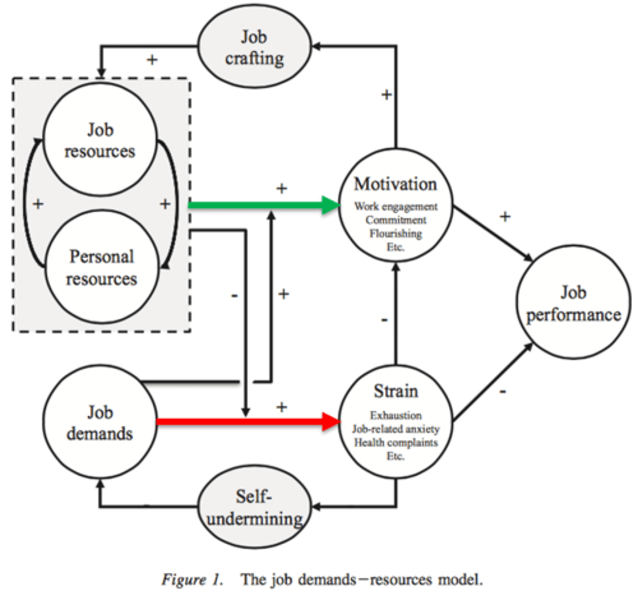 <p>1. Demands - physical/pysch/social or organisational eg. work pressure + emotional interactions. Instigate health impairment. </p><p>2. Resources - needed to achieve goals, reduce job demands and allow personal growth eg. performance feedback, autonomy, skill variety. Instigate motivational process and buffer (moderate) impact of demand on strain. </p>