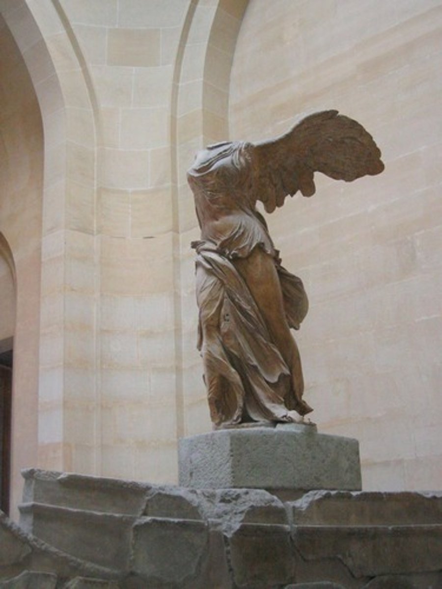 <p>DOC: 190 BCE</p><p>ROO: Samothrace Island, Greece</p><p>M: Marble</p><p>- wet drapery</p><p>- sense of movement: wind causes her clothes to sweep and catch under wings, garment bunches around leg as she steps forward</p><p>- contrapposto</p><p>- dramatic usage of negative space</p><p>f(x):</p><p>- may have commemorated a naval W</p>