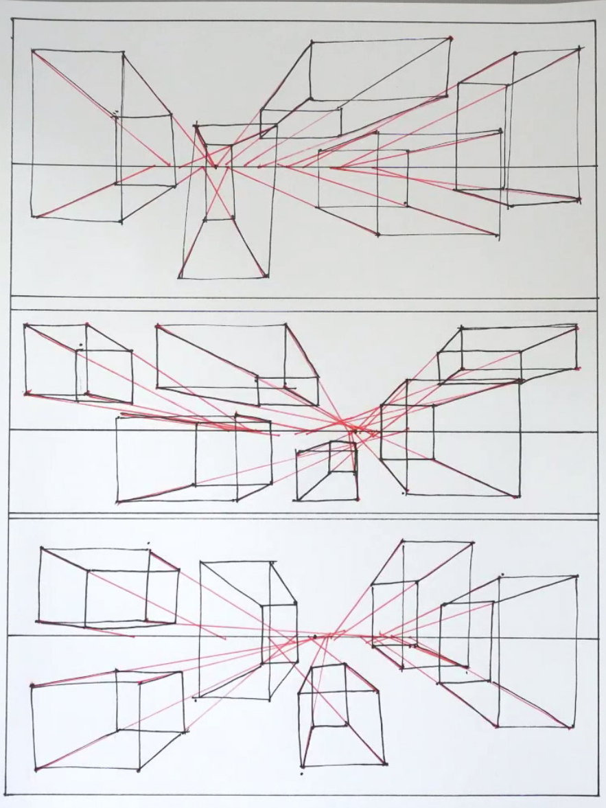 <ul><li><p>This exercise helps you stop obsessively drawing every vanishing point and trust that parallel lines naturally converge.</p></li><li><p>You can’t plot every point in a complex scene—it’s too time-consuming and kills creativity.</p></li><li><p>Use one vanishing point</p><p></p></li></ul><p></p>