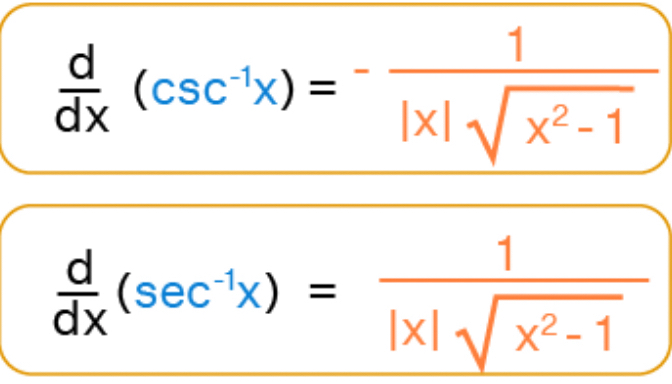 <p>inverse sec = 1/Ixlsqrt(x^2-1)</p><p>(one over absolute value x times square root x squared minus one)</p><p>inverse csc = - 1/Ixlsqrt(x^2-1)</p><p>(the derivatives of co- trig functions are negative)</p>
