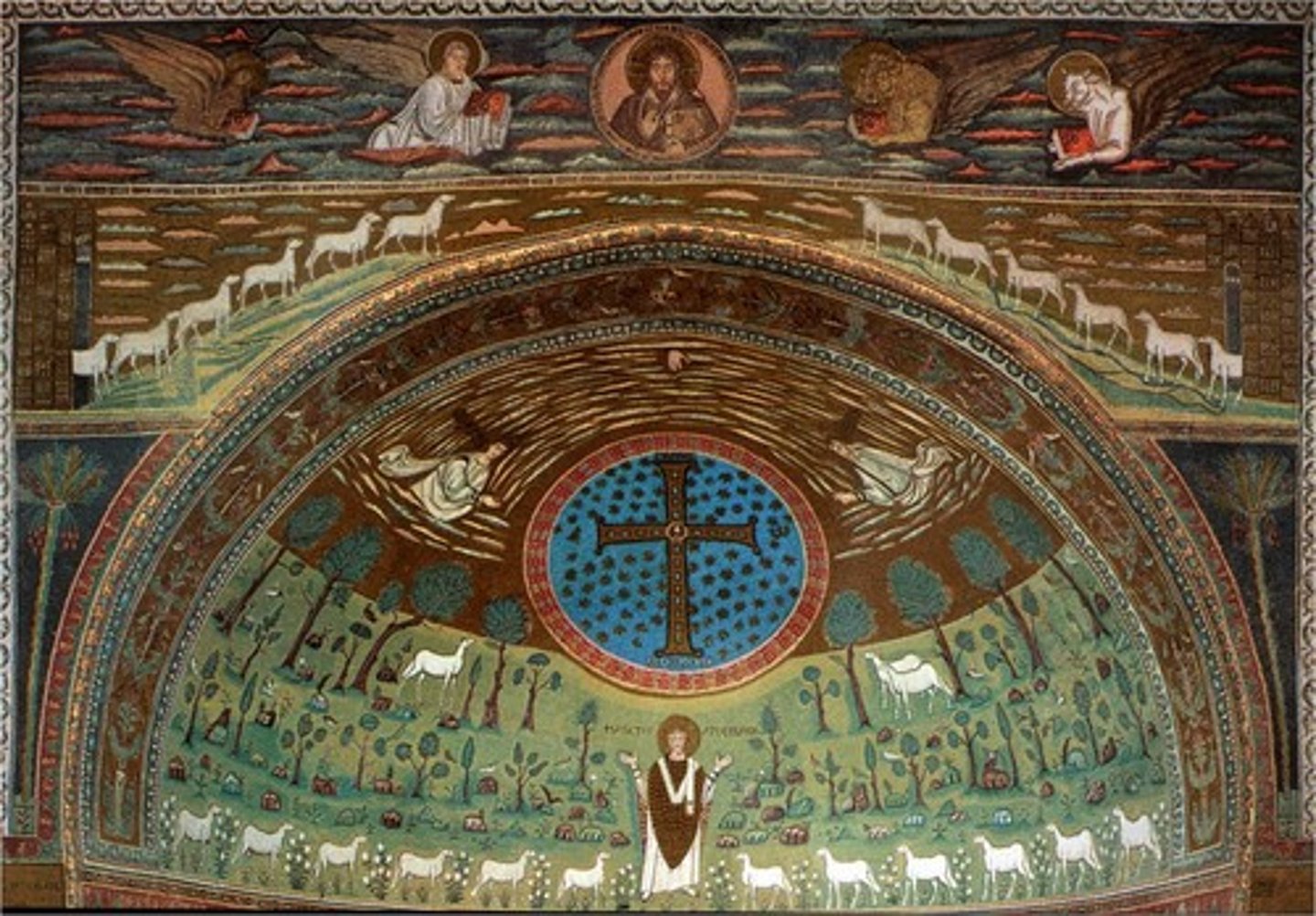 <p>-apse mosaic</p><p>-12 sheep represent apostles surrounding Christ</p><p>-Byzantine Art (Architecture)</p>