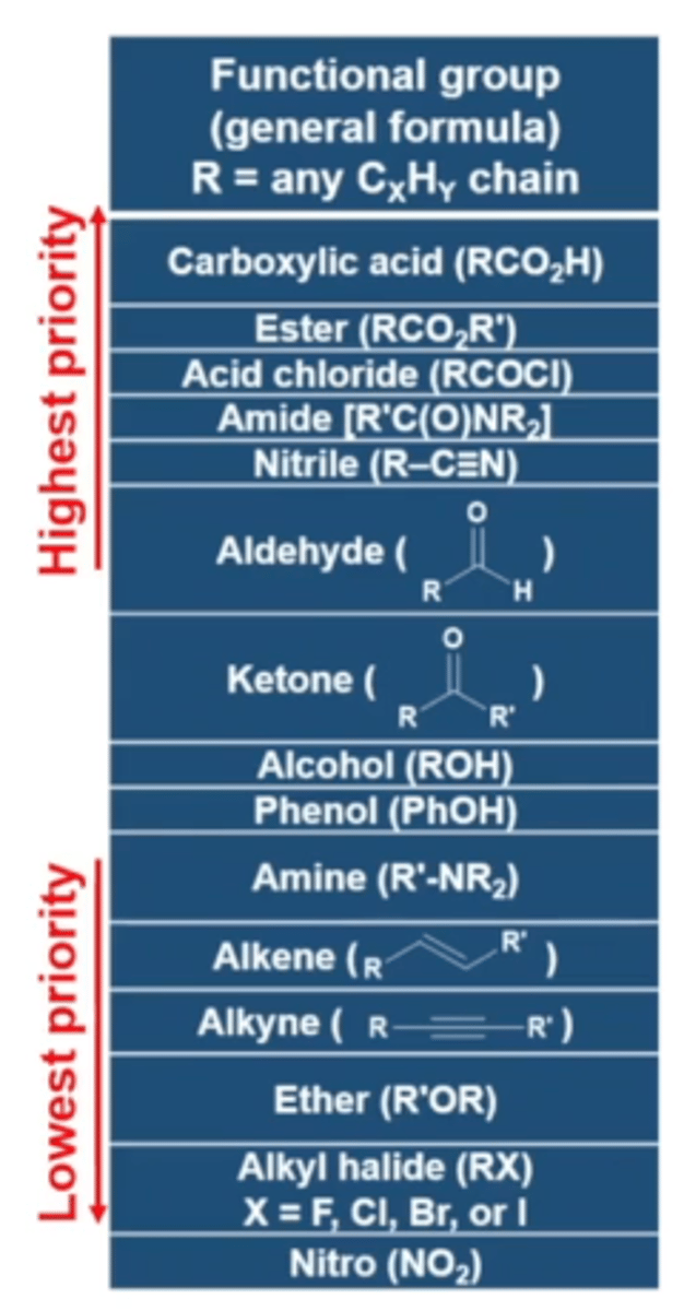 <p>carboxylic acid</p><p>ester</p><p>acid chloride</p><p>amide</p><p>nitrile</p><p>aldehyde</p><p>ketone</p><p>alcohol</p><p>phenol</p><p>amine</p><p>alkene</p><p>alkyne</p><p>ether</p><p>alkyl halide</p><p>nitro</p>