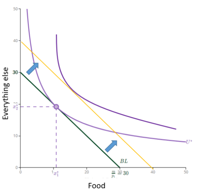<p>○ Temporary Assistance for Needy Families (TANF): provides support to low-income families with children; 5-year lifetime limit and requires transfer recipients to work after 24 months</p><p>○ Supplemental Security Income (SSI): transfers to individuals who are aged, blind, or have a disability</p><p>○ Earned Income Tax Credit (EITC): refundable tax credit for low- to moderate-income working individuals and couples</p><p>Explanation of graph:</p><p>● Use composite good (“everything else”) for Good 2</p><p>● Cash transfer results in parallel shift in budget constraint</p><p>● Pure income effect</p><p>● If food is a normal good, you will consume more of it</p><p>● Will consumers spend the entire transfer on more food?</p><p>● Depends on preferences</p>