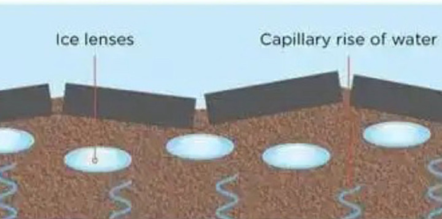 <p>The lifting of rock or soil by the expansion of freezing water.</p>