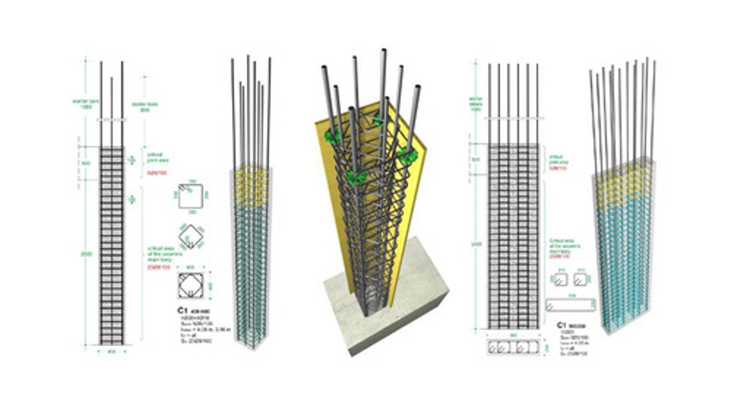 <p>longitudinal reinforcement placed in a concrete column to absorb compressive stresses, resist bonding stresses, and reduce the effects of creep and shrinkage in the column</p>