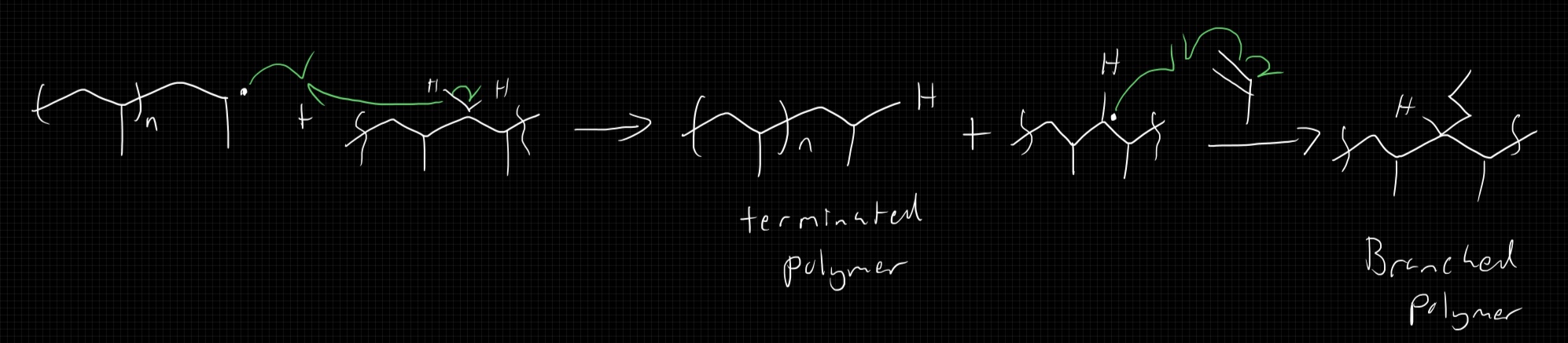 <ul><li><p>chain-end abstracts an atom from a separate polymer backbone</p></li><li><p>forms branched polymers</p><p>enter ex mech </p></li></ul><p></p>