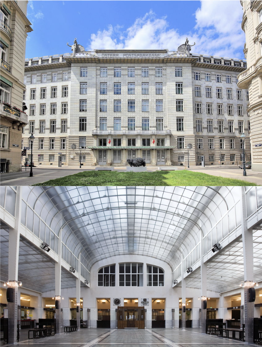 <ul><li><p>shows how building made > celebrates technology</p><ul><li><p>metal heating</p></li></ul></li><li><p>central, rectangular space</p><ul><li><p>skylights, floor glass blocks</p></li></ul></li><li><p>vertical space scaled</p><ul><li><p>small intimate space, large open space</p></li></ul></li></ul><p></p>