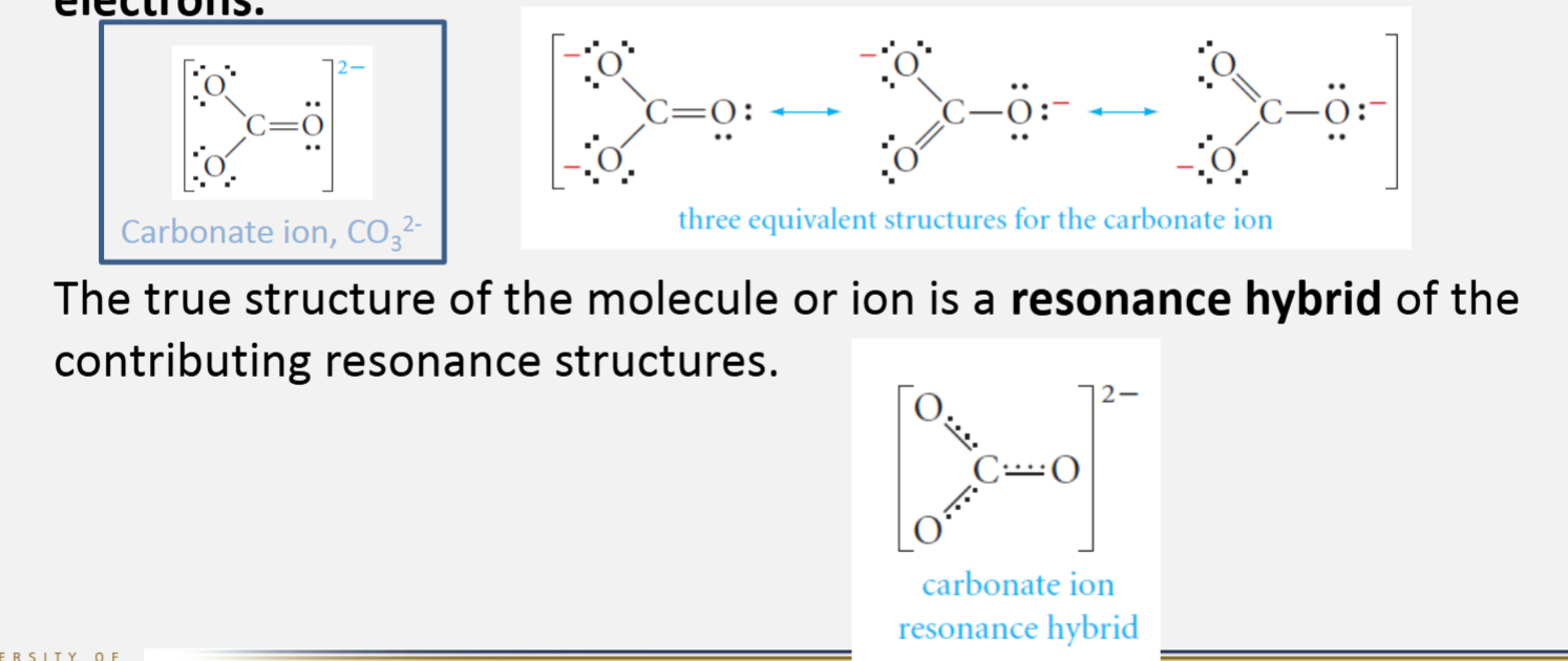 <ul><li><p>Resonance structures of a molecule or ion are two or more structures with identical arrangements of the atoms but different arrangements of the electrons</p></li><li><p>The true structure of the molecule or ion is a resonance hybrid of the contributing resonance structures</p></li></ul><p></p>