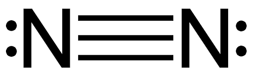 <p>The Lewis structure of <strong>N₂</strong> shows a <strong>triple bond</strong> between the two nitrogen atoms, with each nitrogen having <strong>one lone pair</strong>.</p>
