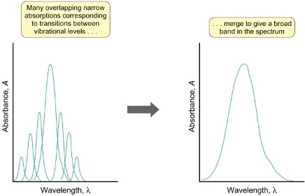 <p>if vibrational energy levels are close together they merge to give broad band</p>