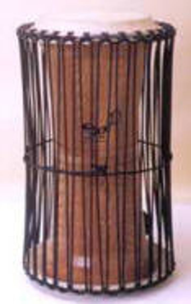 <p>Double-headed drum held under the arm and played with a hooked beater. Pitch changed by squeezing strings to change tension of the drum skin.</p>