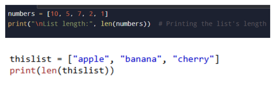 <p>list's name as an argument, and returns the number of elements currently stored inside the list <span style="color: rgb(255, 98, 98);">(in other words ‒ the list's length).</span></p><p></p>