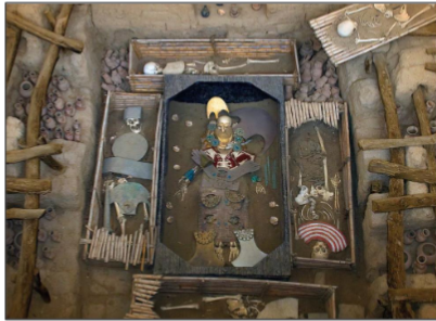 <p><span>An&nbsp;intact elite burial gives a sense of&nbsp;the wealth and violence of Moche&nbsp;</span><br><span>society:&nbsp;</span><br><span>• Body adorned with gold.&nbsp;</span><br><span>• Objects can be identified in&nbsp;paintings on pottery vessels.&nbsp;</span><br><span>• Paintings are a representation of&nbsp;warrior elites.&nbsp;</span><br><span>• Military power was essential to the social hierarchy.</span><span style="color: windowtext">&nbsp;</span></p>