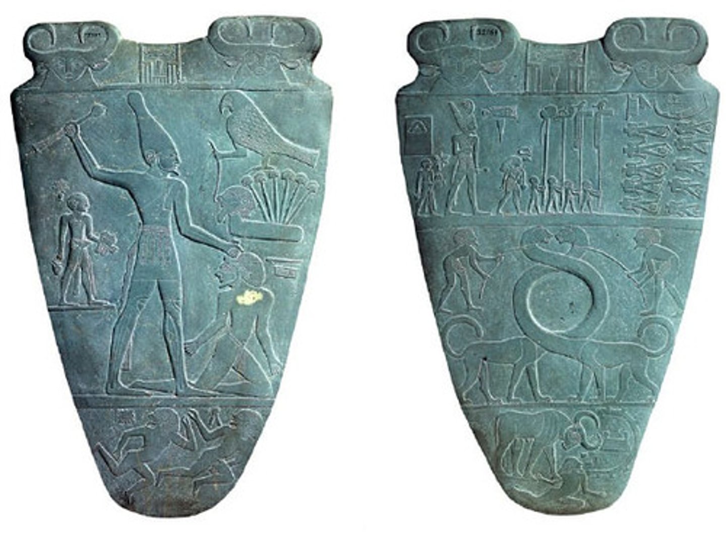 <p>the earliest surviving ancient Egyptian artwork, showing the unification of Egypt after a great war; made of green siltstone</p>