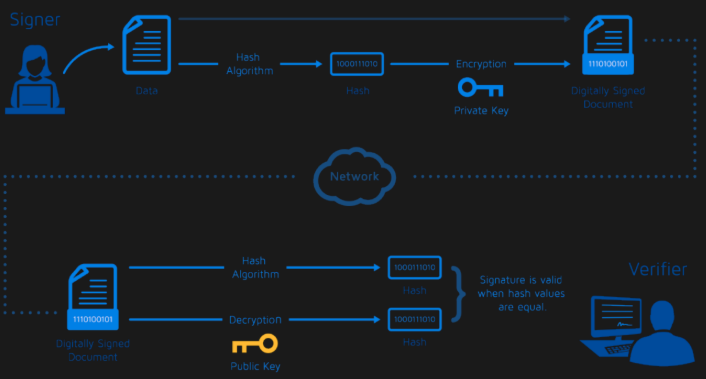 <p>Digital signatures allow Alice to prove that a message really comes from her and has not been modified.<br>This is done using <strong>asymmetric keys</strong>—a <em>private key</em> for signing and a <em>public key</em> for verification.</p><p></p><p>Alice creates a hash of the message and encrypts the hash with her <strong>private key</strong> to produce a digital signature. Bob decrypts the signature using Alice’s <strong>public key</strong> and compares the result to the hash of the received message. If they match, the signature is valid.</p>