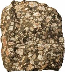 <p>-igneous</p><p>-volcanic</p><p>-porphyritic </p><p>-felsic</p><p>-Ca-plagioclase, pyroxene</p><p>-forms in the middle of BRS</p><p>uses: construction/building </p>