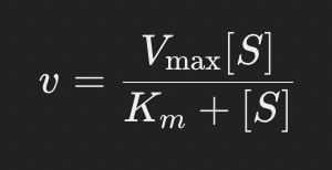 <p>describes how the reaction rate of an enzyme depends on substrate concentration, enzyme concentration, and the affinity of the enzyme for the substrate (given by Km​)</p><p><strong>Km:</strong>  substrate concentration at which the reaction rate is half of its maximum value. </p><ul><li><p>low Km: enzyme has a high affinity for the substrate </p></li><li><p>high Km suggests lower affinity.</p></li></ul><ul><li><p><strong>[S]≪Km​</strong>: reaction rate is proportional to the substrate concentration (first-order kinetics).</p></li><li><p>[<strong>S]=Km​</strong>: reaction rate is <strong>half</strong> of Vmax (1/2vmax)</p></li><li><p><strong>[S]≫Km, </strong> reaction rate approaches Vmax and the reaction becomes independent of substrate concentration (zero-order kinetics) (Vo=vmax)</p></li></ul><p></p>