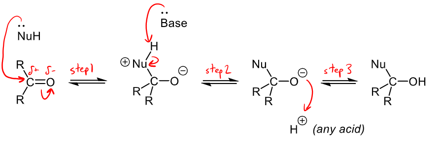 <ul><li><p>in step 2 a proton is removed from the nucleophile that is reacting, this can be removed by a base within the reaction mixture </p></li><li><p>In step 3, a proton is donated to form the final alcohol group, this can be donated by any acid in the reaction mixture. </p></li></ul><p></p>
