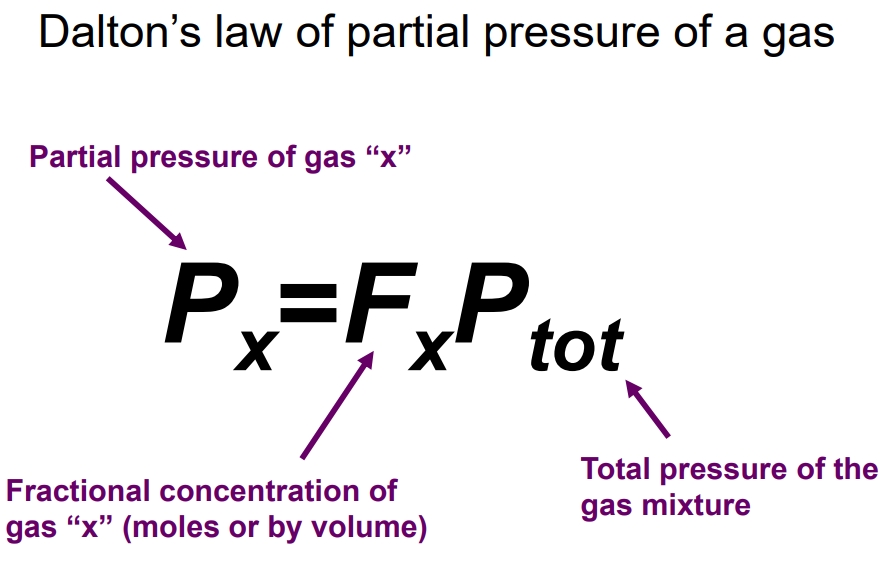 <ul><li><p>Total pressure exerted by a system of gases is the sum of the partial pressures of individual gases.</p></li><li><p>Example notations for atmospheric gases:</p></li><li><p>Atmospheric pressure: 101.3 kPa at sea level.</p></li></ul><p></p>