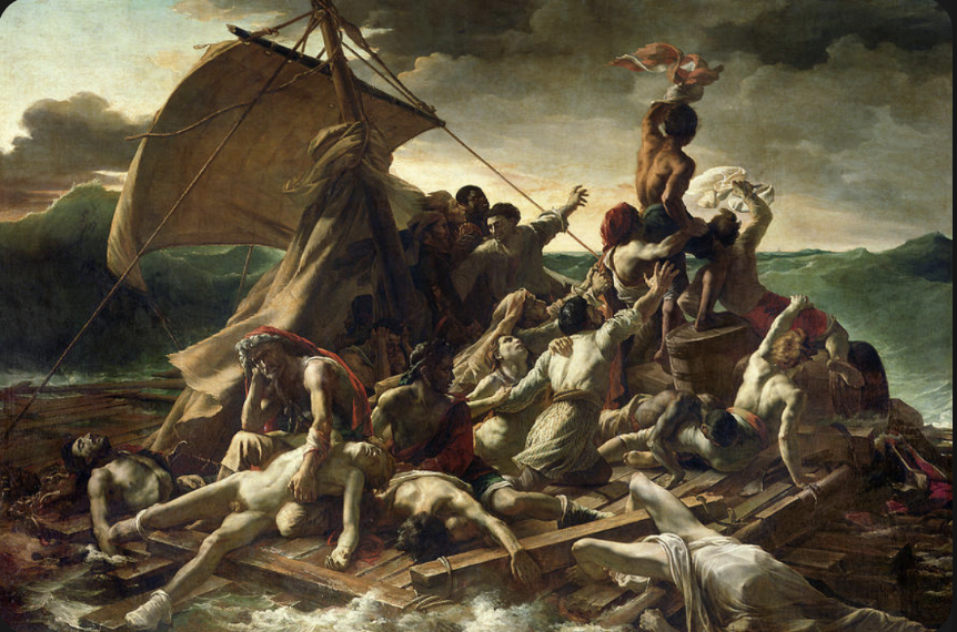 <ul><li><p>Gericault</p></li><li><p>Survivors of French naval ship</p></li><li><p>survivors of boat as ship coming to rescue them (titanic vibes)</p></li><li><p>many died; cannibalism</p></li><li><p>sailed to safety in africa</p></li><li><p>ship in painting passes by them</p></li><li><p>criticized by neoclassical artists</p></li><li><p>romantic</p></li></ul>