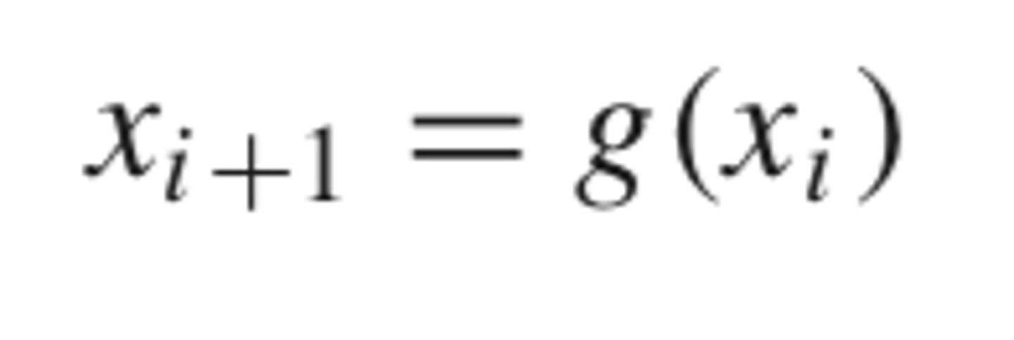 <p>- allows one to predict a new value of x as a function of an old value of x<br><br>Thus, given an initial guess at the root xi , Eq. (6.1) can be used to compute a new estimate xi+1 as expressed by the iterative formula<br><br>&amp; so on<br><br>x(i+2) = g(x(i + 1))</p>