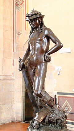 <p>Sculpture of David (killed the Goliath). He is a religious character. Made out of bronze.</p>