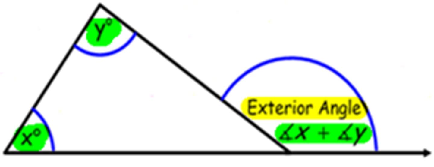 <p>the exterior angle of a triangle equals the sum of the 2 opposite interior angles.</p>