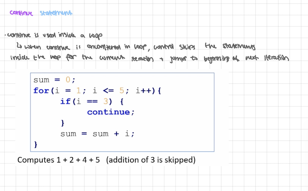 <p>while loop </p><ul><li><p>while the condition is true, execute the body of the loop</p></li></ul><p></p><p>do while</p><p></p><p>continue statement</p><ul><li><p>continue is used inside a loop</p><ul><li><p>when continue is encountered in loop, control skips the statements inside the loop for the current iteration + jumps to beginning of next iteration</p></li></ul></li></ul><p></p>