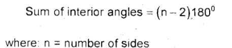 <p>Sum of Interior Angles = (n-2) 180deg<br>Where:<br>n = number of sides<br><br>formula derivation:<br>Triangle: 3 Sides; Sum of interior angles 180deg</p>