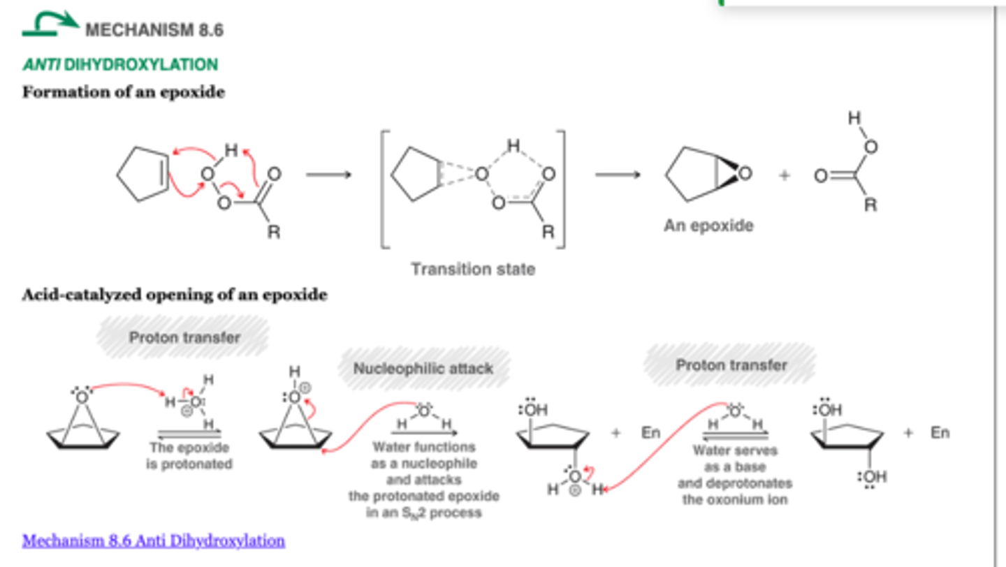 <p>What's added: OH and OH</p><p>Regioselectivity: N/A</p><p>Stereoselectivity: anti</p><p>Intermediate: don't worry about it</p><p>Rearrangement: not possible</p><p>anti-addition becomes irrelevant with one chiral center</p><p>1. RCO3H</p><p>2. H3O+</p>