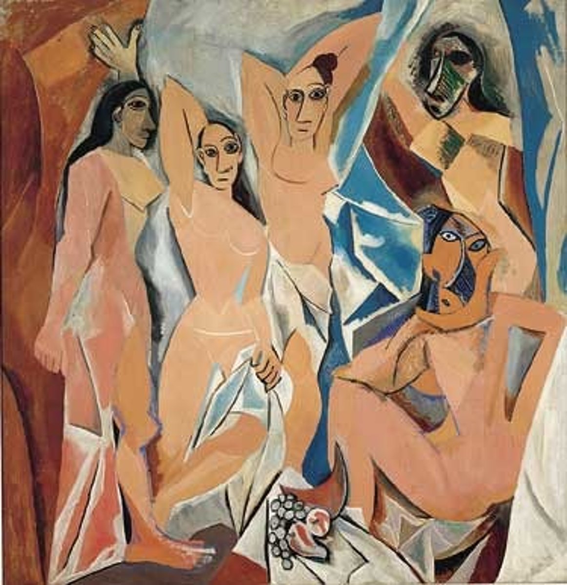 <p>1907. Pablo Picasso. Oil on canvas. Cubism<br>One of the first cubist artworks, influenced by cezannes angular and african masks.<br>Inspired by gaughins work and primitism<br>Shows 5 sex workers on avignon street posing for customers.<br>Figures are expressionless, not very alluring. Subverting many aspects of the female nude. Acknowledging, confronting.<br>Distorted mask-like facial features.<br>Awkward performative poses.<br>Multiple views in the same angle.<br>No depth, ambiguous/unsettling background<br>Self portrait of a soldier<br>Deemed immoral when first exhibited</p>