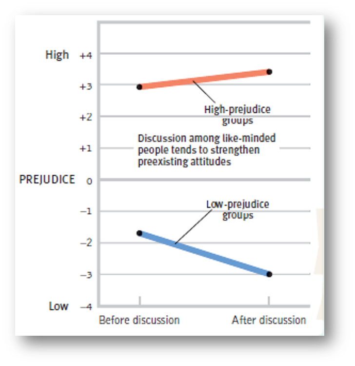 -when people of similar views form a group together, discussion within the group makes their views more extreme
-thus, different groups become MORE different, more polarized, in their views.
-ppl in these groups may have only encountered ideas reinforcing the views they already held