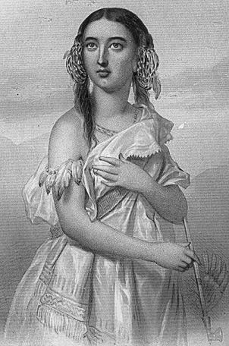 <p>An American Indian princess who saved the life of John Smith and helped form more peaceful relations with the Powhatan when she married John Rolfe but died of smallpox in England on a visit to Rolfe's family. Her remains are still there as the English government refuses to send her remains back to North America.</p>
