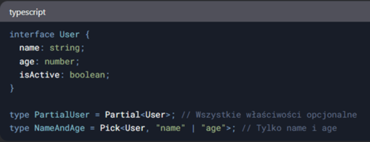 <p>Utility types to wbudowane typy ułatwiające manipulację typami. Przykłady:</p><p>Partial<t> - tworzy typ z opcjonalnymi właściwościami.</p><p>Pick<t, k=""> - wybiera określone właściwości z typu.</p><p>Omit<t, k=""> - pomija określone właściwości z typu.</t,></t,></t></p>