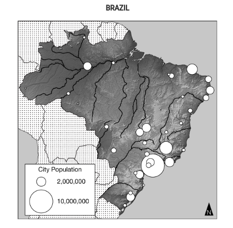 <p><span style="font-family: Roboto, LearnosityMath, Helvetica Neue, Helvetica, Arial, sans-serif">Which of the following best explains a likely effect of Brazil’s population distribution?</span></p>