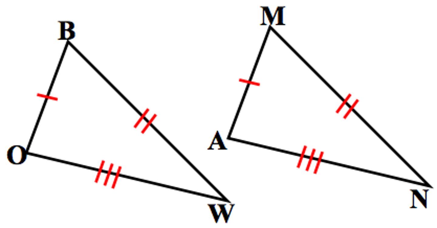 <p>If the three sides of one triangle are congruent to the three sides of another triangle, <br>then the two triangles are congruent.<br><br><b>Given</b>: BO ≅ MA , OW ≅ AN , BW ≅ MN<br><b>Prove</b>: ΔBOW ≅ ΔMAN</p>