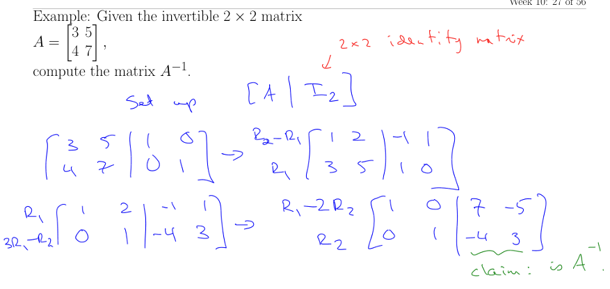<p>If A is an invertible n × n matrix, write the following double-width augmented matrix: </p><p>[ A | I<sub>n</sub> ]. </p><p>Use row operations to put this combined matrix into RREF. The resulting matrix will be: [ I<sub>n</sub> | A−1 ] </p><p>where A−1 is the inverse of A </p>