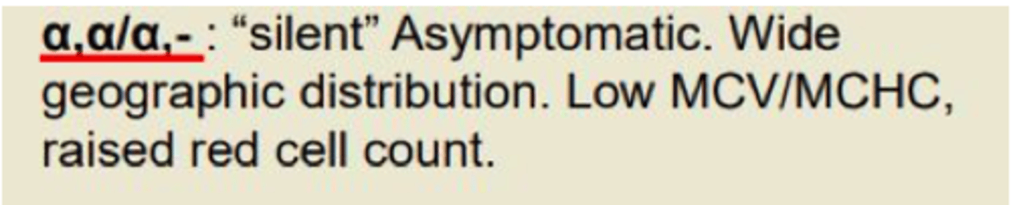 <p>1 gene missing </p><p>- 'Silent' asymptomatic</p><p>- Low MCV </p><p>- Raised red cell count </p>