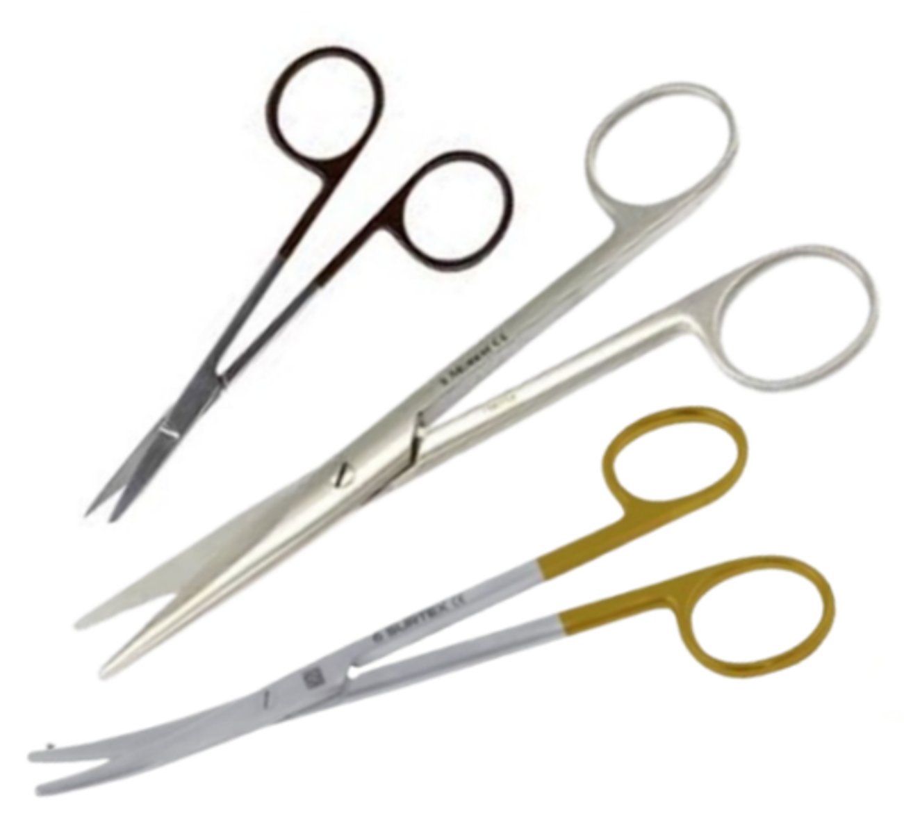 <p>surgical instruments used to cut tissue, sutures, &amp; other material; curved scissors are primarily used for dissection (400 series or tungsten carbide)</p>
