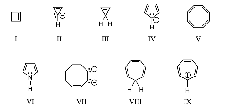 <p>On the basis of molecular orbital theory and Hückel’s rule, which molecules and/or ions should be antiaromatic?</p>